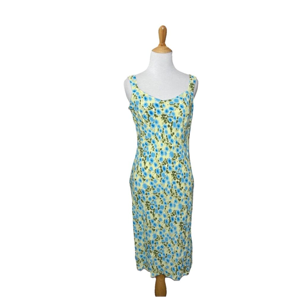 Ann Taylor LOFT Green Blue 90s Y2K Floral Midi Dress Lightweight Rayon Size 4